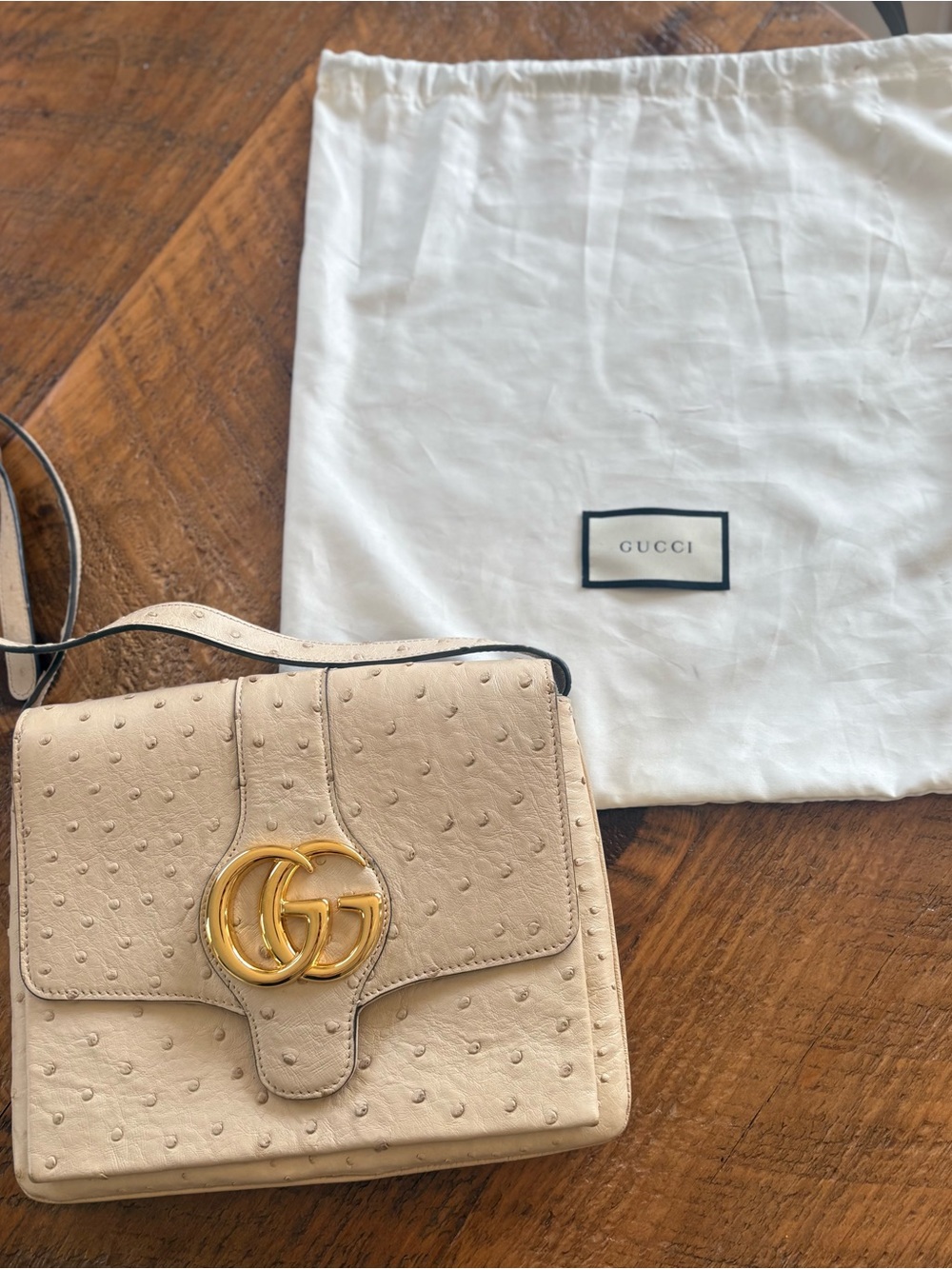 Gucci Ivory Ostrich-Embossed GG Shoulder Bag with Gold Hardware - Picture 16 of 16